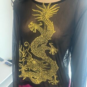 Black Sheer Top with Gold Dragon Design